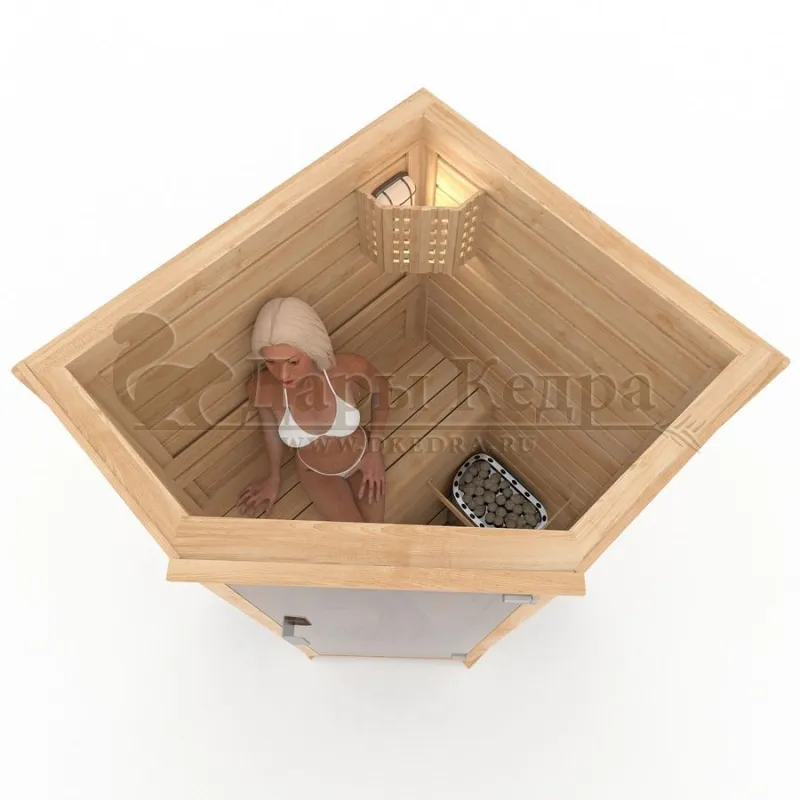 Одноместная угловая финская сауна кабина из кедра и липы с электрокаменкой