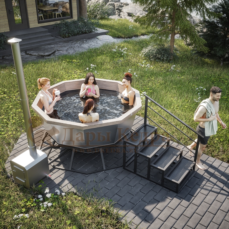 Банный чан из нержавеющей стали Ø-2350 на опоре с приставной печью